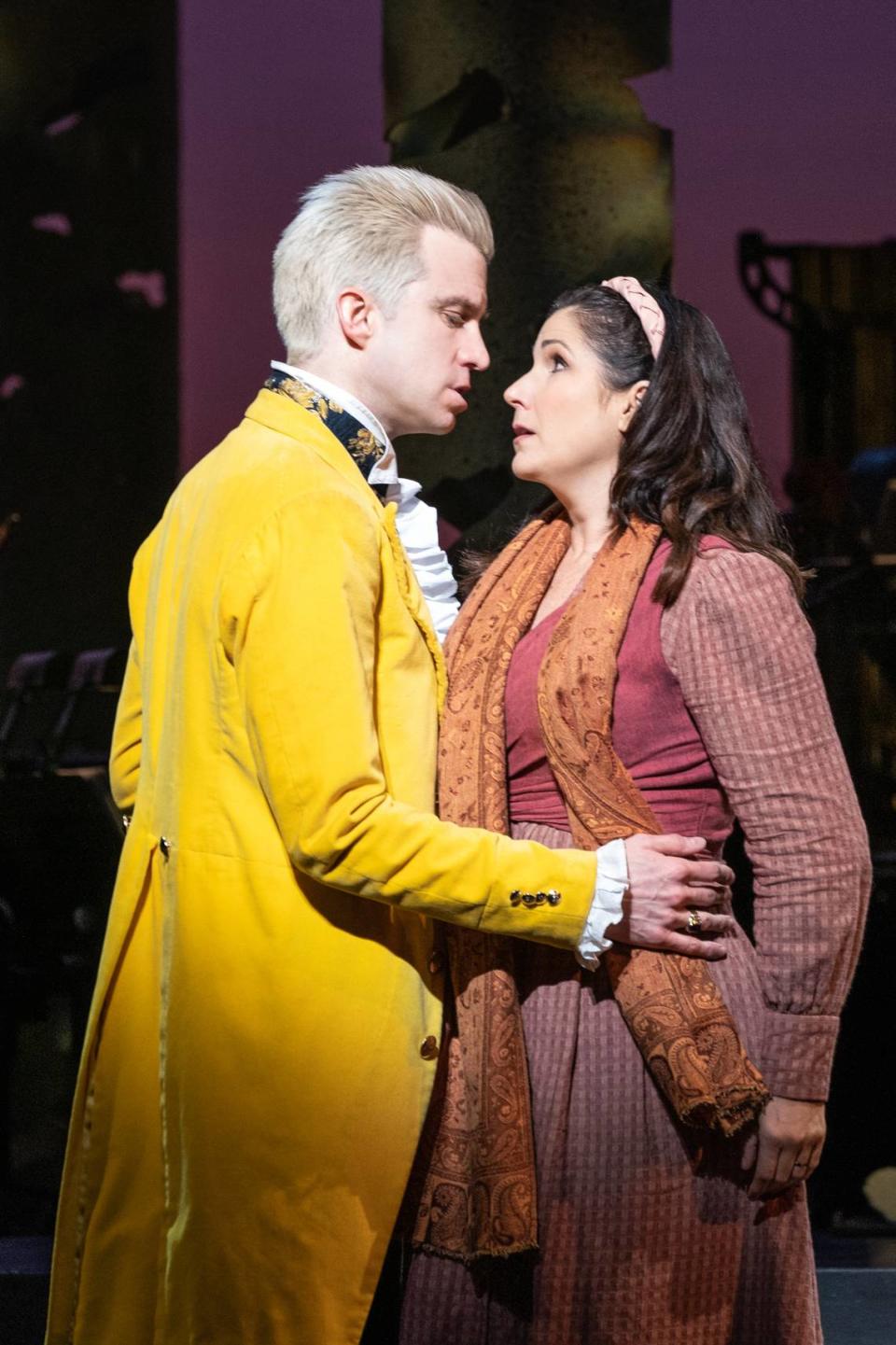 Gavin Creel as Cinderella’s Prince, and Stephanie J. Block as the Baker’s Wife share a moment in the woods in “Into The Woods.”