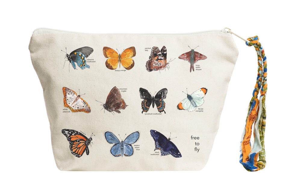 This butterfly-adorned pouch is crafted with 100% organic cotton and the lining and tassel consist of recycled sari. The print is made with eco-friendly, water-based ink and the bag is manufactured in a fair trade certified factory in India. &lt;br&gt;&lt;br&gt;The Tote Project gives 10% of proceeds from its sales to Two Wings, an organization that helps to &ldquo;empower survivors of the sex trafficking trade as they pursue their dream jobs.&rdquo;&lt;br&gt;&lt;br&gt; <strong><a href="https://www.thetoteproject.com/collections/fw19">The Tote Project: Free to Fly Pouch, $20.75</a></strong>