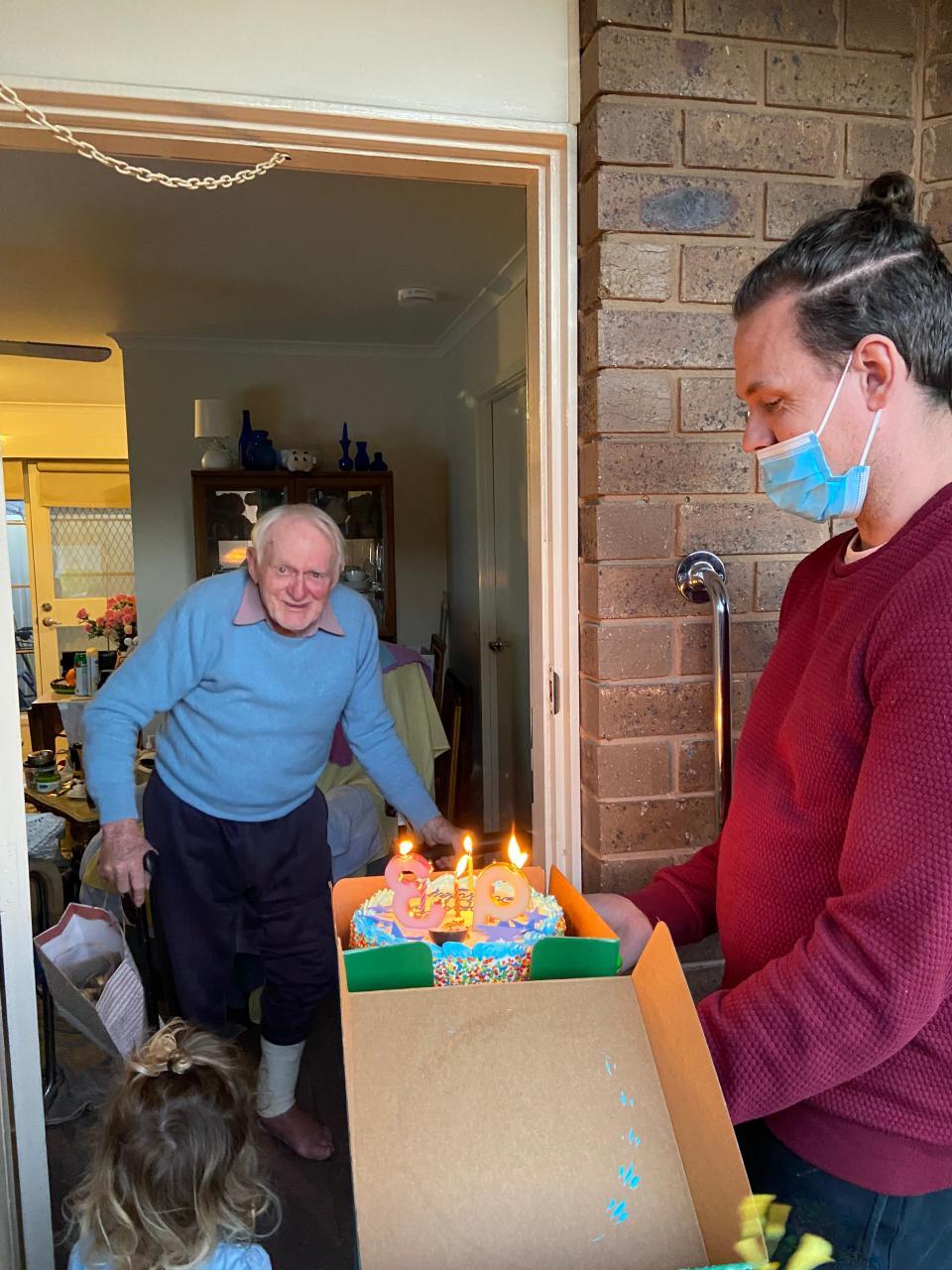 The author's family surprising Bryan on his 93 birthday.