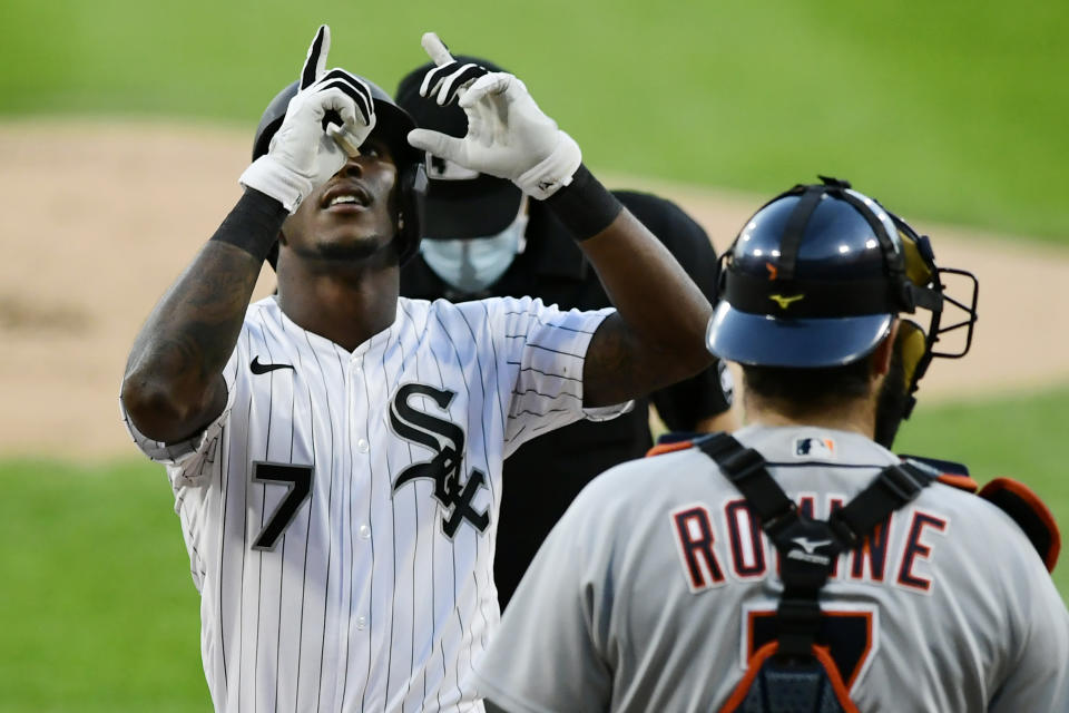 Chicago White Sox's Tim Anderson (7) celebrates at home plate after hitting a solo home run during the first inning of a baseball game against the Detroit Tigers Tuesday, Aug. 18, 2020, in Chicago. (AP Photo/Paul Beaty)