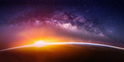 <span class="caption">Are microbes travelling around in the galaxy?</span> <span class="attribution"><a class="link " href="https://www.shutterstock.com/image-photo/landscape-milky-way-galaxy-sunrise-earth-1299679972" rel="nofollow noopener" target="_blank" data-ylk="slk:Nuttawut Uttamaharad;elm:context_link;itc:0;sec:content-canvas">Nuttawut Uttamaharad</a></span>