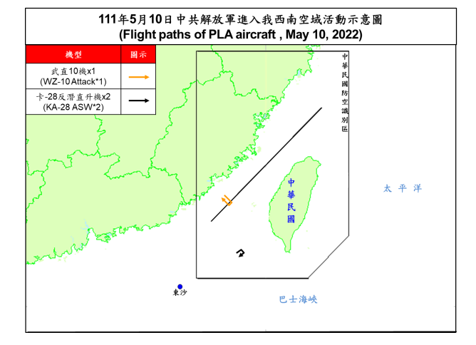 中國解放軍軍武直 -10 攻擊直升機近日進入台灣西南防空識別區示意圖