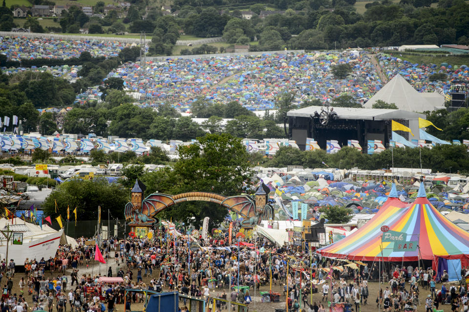 Festival goers at the Glastonbury festival at Worthy Farm, in Somerset, England, Thursday, June 23, 2016. (Photo by Jonathan Short/Invision/AP)