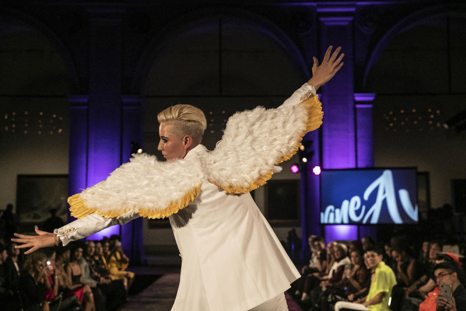 The Shane Ave. collection is modeled during the dapperQ fashion show at the Brooklyn Museum on Thursday Sept. 5, 2019, in New York. (AP Photo/Jeenah Moon)