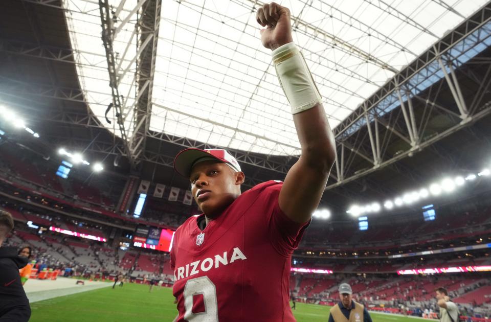 Arizona Cardinals quarterback Joshua Dobbs (6) celebrates their 28-16 win against the Dallas Cowboys at State Farm Stadium in Glendale on Set. 24, 2023.