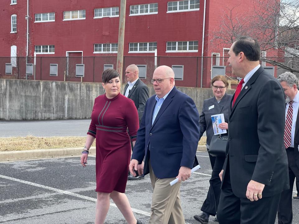 Gov. Larry Hogan toured Hagerstown Wednesday afternoon to visit local businesses alongside Mayor Emily Keller and Washington County Chamber of Commerce President Paul Frey.