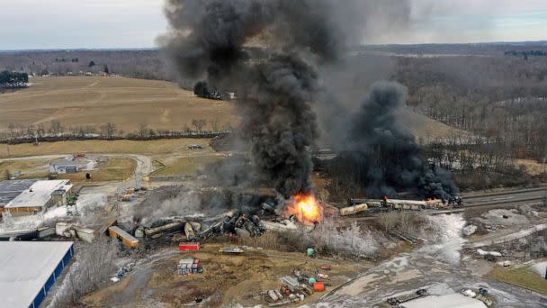 PHOTO: This photo taken with a drone shows portions of a Norfolk Southern freight train that derailed Friday night in East Palestine, Ohio are still on fire at mid-day Saturday, Feb. 4, 2023. (Gene J. Puskar/AP, FILE)