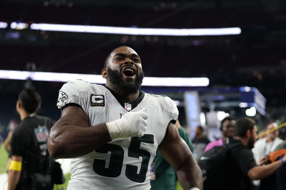 Philadelphia Eagles defensive end Brandon Graham (55) reacts as he walks off the field after an NFL football game against the Houston Texans in Houston, Thursday, Nov. 3, 2022. The Eagles won 29-17. (AP Photo/Eric Christian Smith)