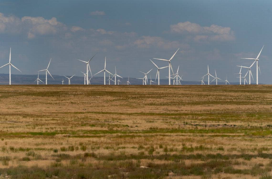 Wind turbines are seen from Interstate 84 near Hammett. The Lava Ridge wind farm project, proposed by Magic Valley Energy, would place up to 400 wind turbines up to 740 feet tall within the view of Minidoka National Historic Site.