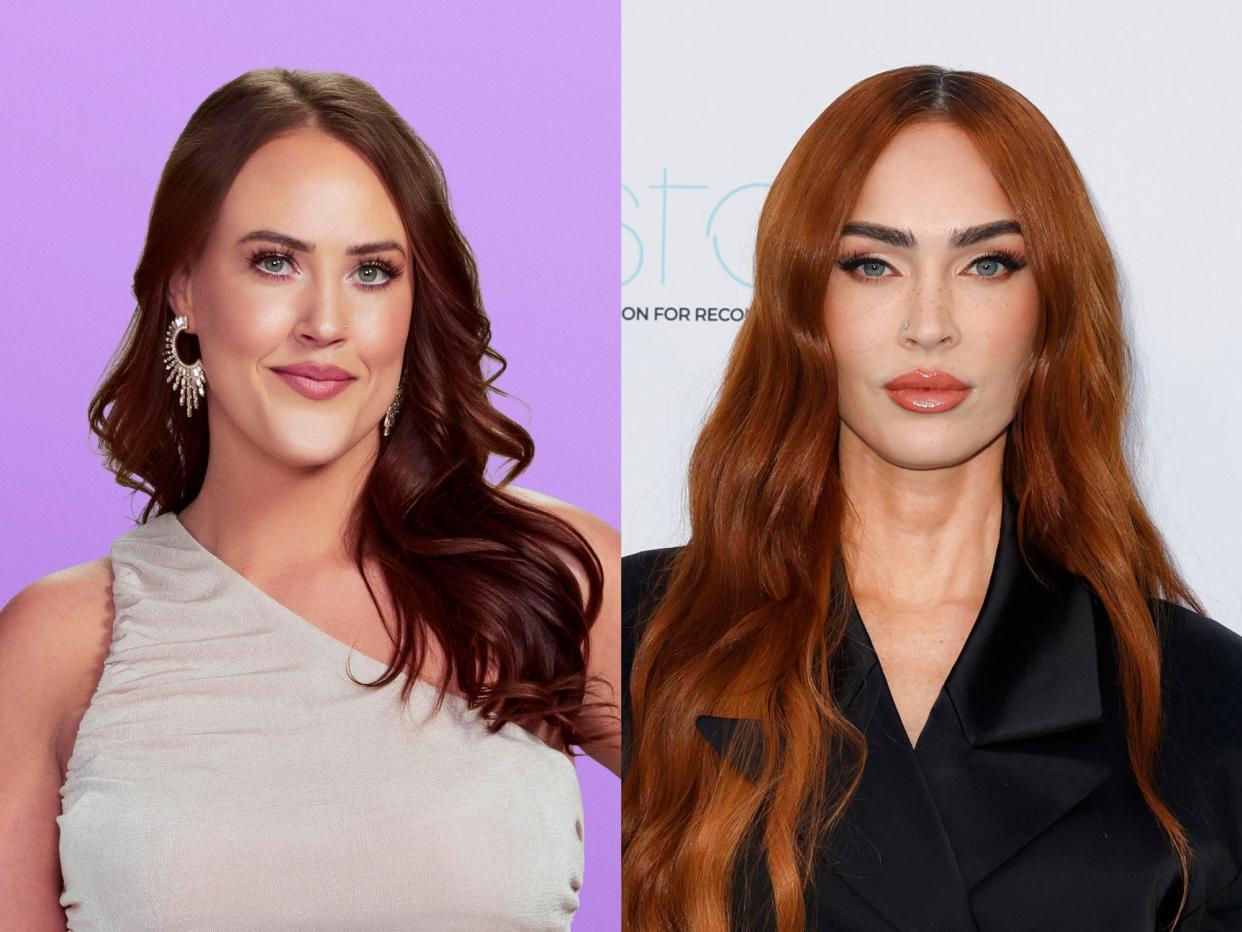 left: chelsea blackwell's love is blind cast portrait. she's a young woman smiling with her brown hair worn in loose curls, and wearing a light colored one shoulder gown; right: megan fox, wearing a black suit jacket and with auburn hair worn loose