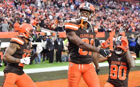 Cleveland Browns wide receiver Rashard Higgins (81) celebrates with wide receiver Odell Beckham (13) and wide receiver Jarvis Landry (80) after a touchdown during the second half against the Buffalo Bills at FirstEnergy Stadium - Credit: USA Today