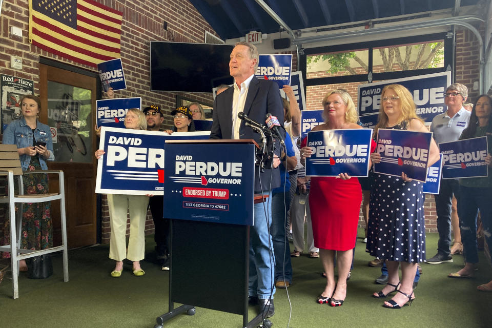 Republican candidate for Georgia governor and former U.S. Sen. David Perdue speaks in Dunwoody, Ga. on Monday, May 23, 2022. (AP Photo/Sudhin S. Thanawala)