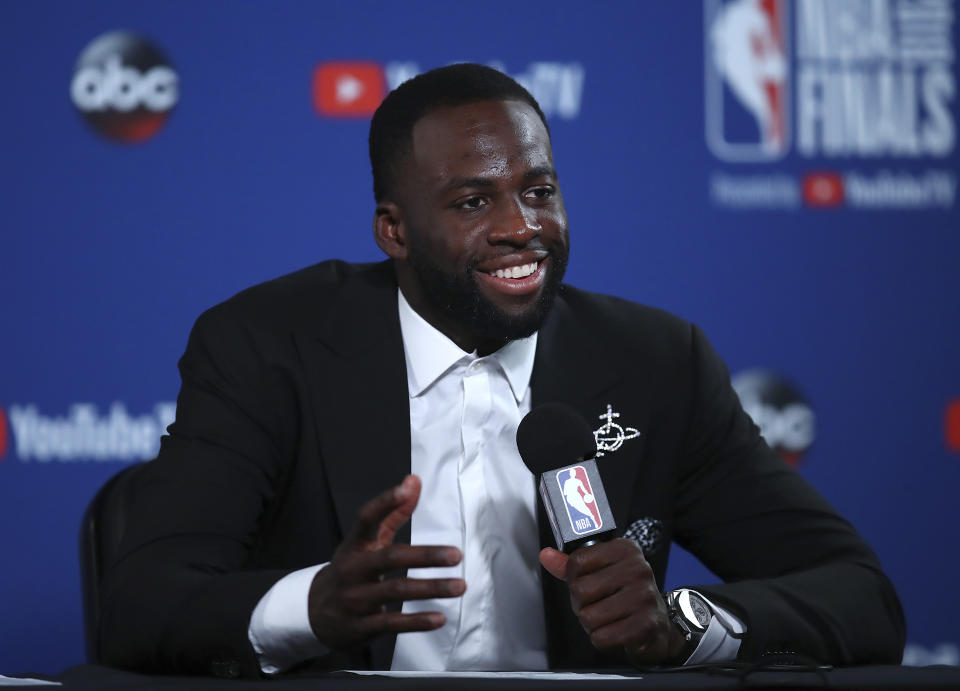 Golden State Warriors forward Draymond Green speaks at a news conference after Game 1 of basketball’s NBA Finals against the Cleveland Cavaliers in Oakland, Calif., Thursday, May 31, 2018. The Warriors won 124-114 in overtime. (AP Photo/Ben Margot)