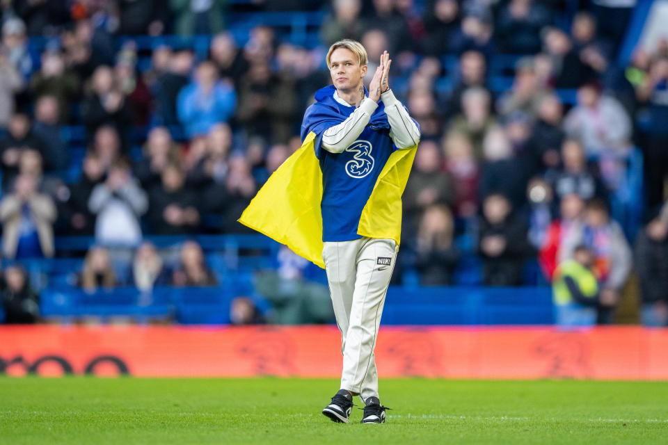 LONDON, ENGLAND - JANUARY 15: New Chelsea player Mykhailo Mudryk is presented to the fans at half time during the Premier League match between Chelsea FC and Crystal Palace at Stamford Bridge on January 15, 2023 in London, United Kingdom. (Photo by Sebastian Frej/MB Media/Getty Images)