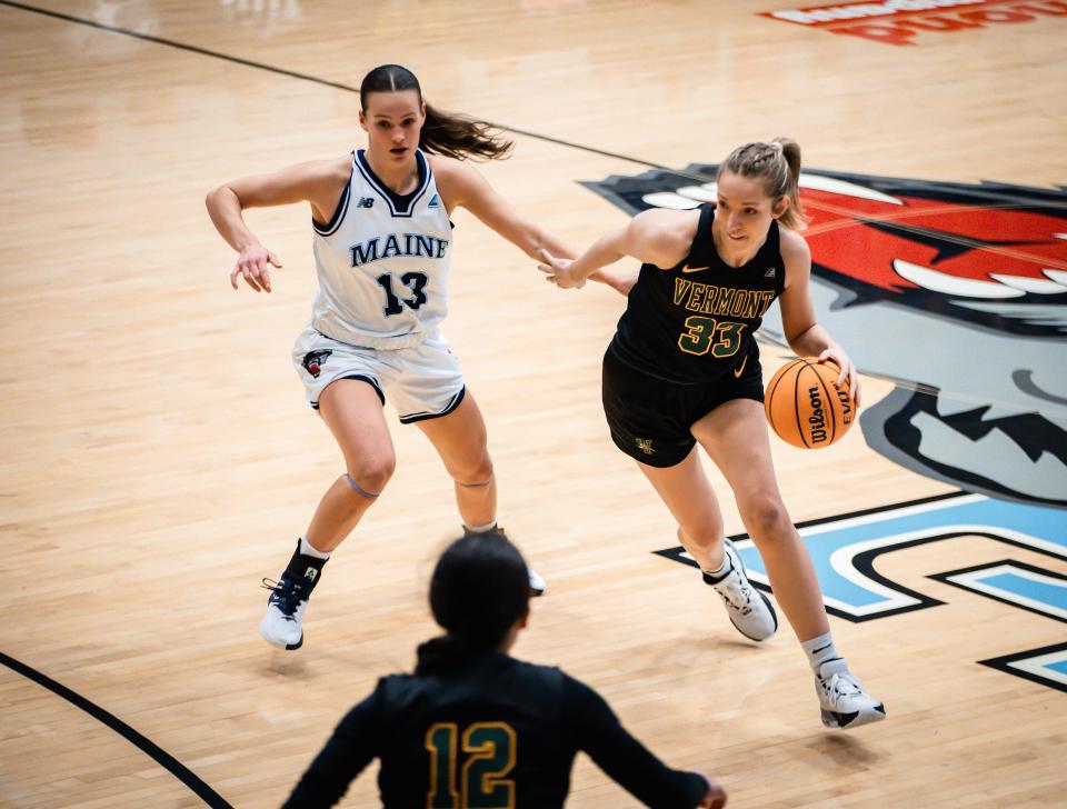 Delaney Richason drives during Vermont's 66-48 loss to Maine in the 2024 America East women's basketball title game on Friday, March 15.