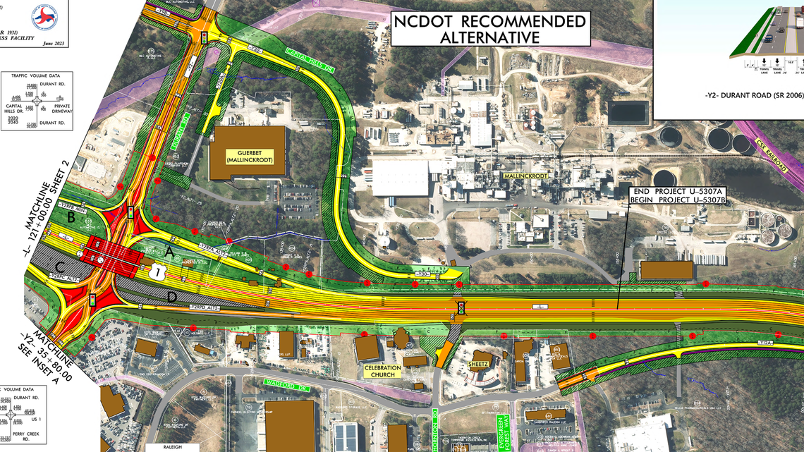 This rendering shows part of the future U.S. 1/Capital Boulevard freeway between Raleigh and Wake Forest. The interchange at left would replace the intersection of Durant and Perry Creek roads.