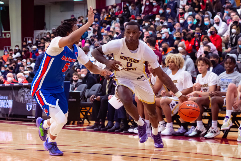 2023 NBA draft prospect Dariq Whitehead of Montverde Academy drives to the basket during Hoophall Classic.