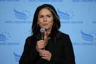 Former Hawaii Rep. Tulsi Gabbard speaks during the Iowa Faith and Freedom Coalition Spring Kick-Off Saturday, April 22, 2023, in Clive, Iowa. (AP Photo/Charlie Neibergall)