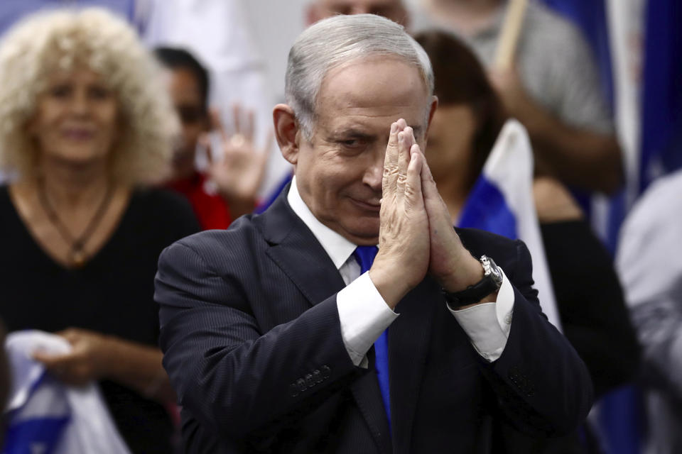 Israeli Prime Minister and head of the Likud party Benjamin Netanyahu reacts after delivering a statement in Petah Tikva, Saturday, March 7, 2020. (AP Photo/Oded Balilty)