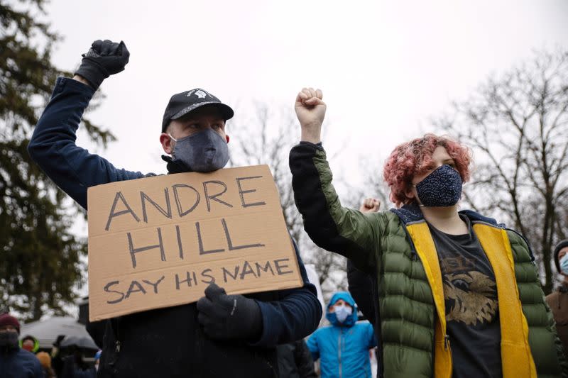 Protesters gather after the killing of Andre Maurice Hill in Columbus, Ohio