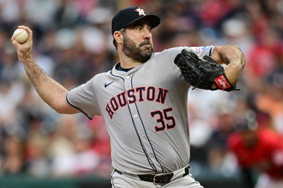 Sep 28, 2024; Cleveland, Ohio, USA; Houston Astros starting pitcher Justin Verlander (35) throws a pitch during the first inning against the Cleveland Guardians at Progressive Field. Mandatory Credit: Ken Blaze-Imagn Images