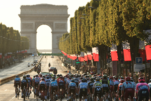 Cyclists compete in the 2019 Tour de France in Paris