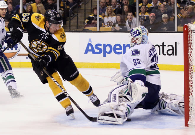 BOSTON, MA - JANUARY 07: Brad Marchand #63 of the Boston Bruins scores in the first period on Cory Schneider #35 of the Vancouver Canucks on January 7, 2012 at TD Garden in Boston, Massachusetts. (Photo by Elsa/Getty Images)