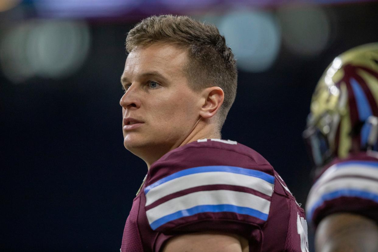 Michigan Panthers' Brian Lewerke (19) stands on the sideline during a game against the Birmingham Stallions at Ford Field in Detroit on Saturday, May 20, 2023. 