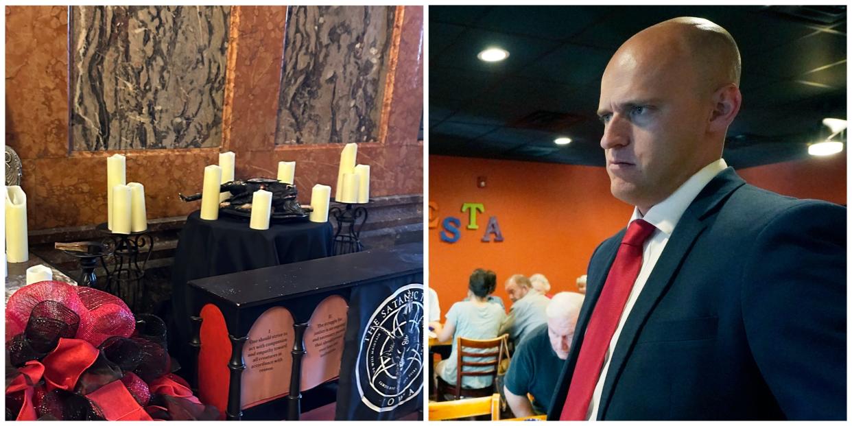 A split image showing a Satanic Temple display inside the Iowa capitol and Michael Cassidy, a former Republican Congressional candidate in Mississippi