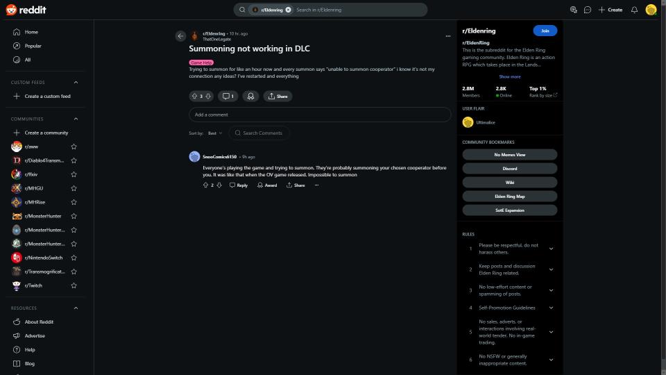 Reddit users reporting issues on Elden Ring DLC