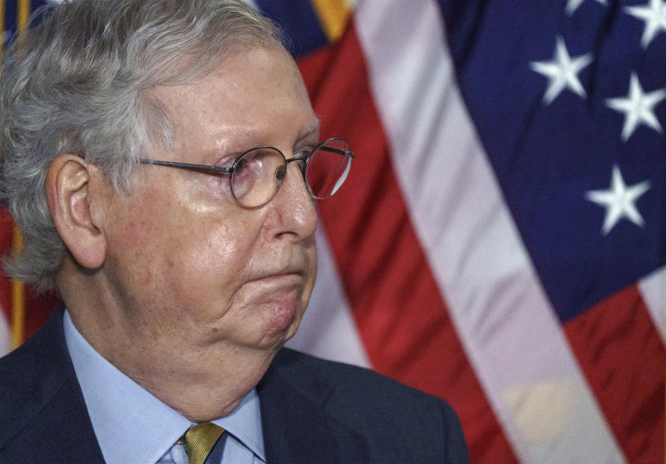 Senate Majority Leader Mitch McConnell, R-Ky., meets with reporters following a Republican strategy session, at the Capitol in Washington, Tuesday, Sept. 22, 2020. Republican efforts to fill the Supreme Court vacancy created by the death of Justice Ruth Bader Ginsburg are likely to move swiftly this week, with President Donald Trump possibly nominating a replacement within days and GOP senators hoping to jump-start the confirmation process. (AP Photo/J. Scott Applewhite)