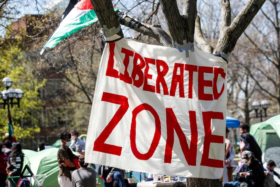 University of Michigan students set up a protest encampment in support of Gaza at the Diag in Ann Arbor on Monday, April 22, 2024.