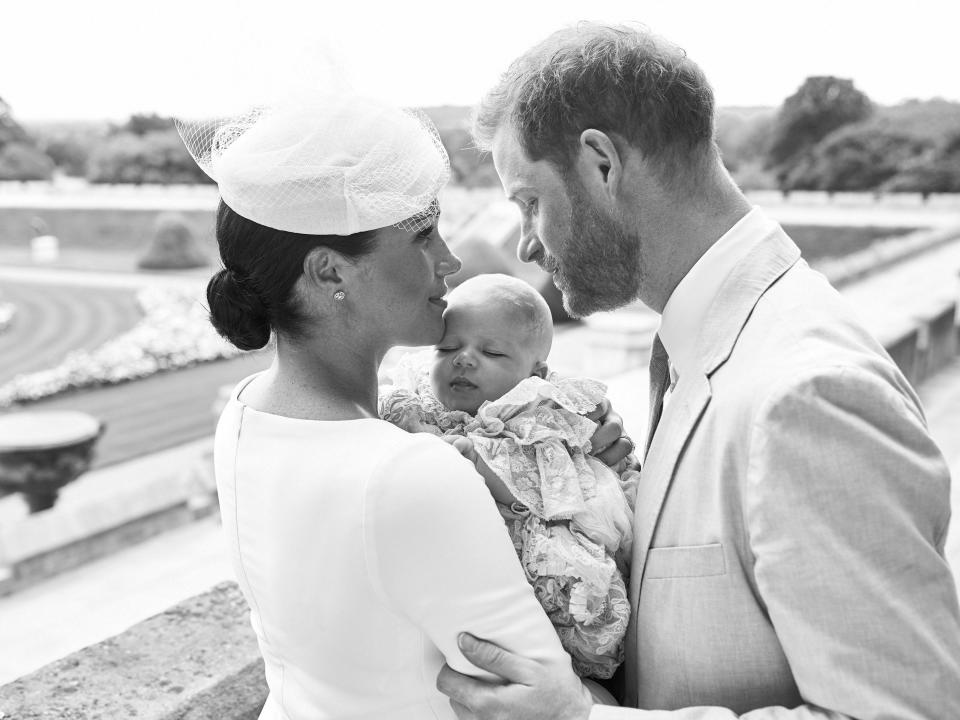 Prince Harry and Duchess Meghan with their son Archie Harrison Mountbatten-Windsor at Windsor Castle with with the Rose Garden in the background, in Windsor, England on July 6, 2019.