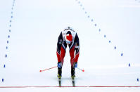 <p>Second placed Norway’s Martin Johnsrud Sundby crosses the finish line of the men’s skiathlon 15 km classic and 15 km free competition at the 2017 Nordic Skiing World Championships in Lahti, Finland, Saturday, Feb. 25, 2017. (AP Photo/Matthias Schrader) </p>