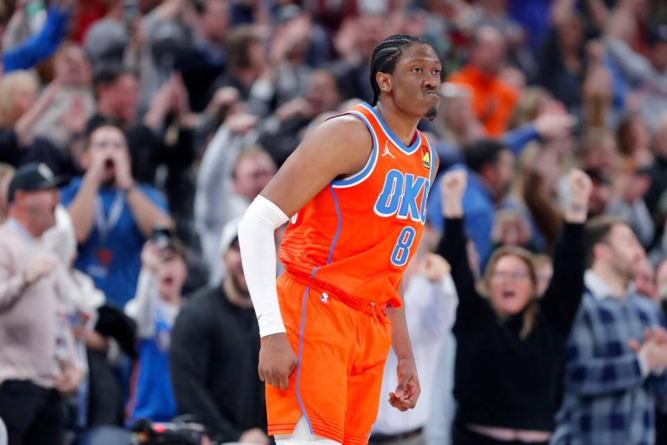 Oklahoma City Thunder forward Jalen Williams (8) celebrtes after making the go-ahead basket in the final seconds of an NBA basketball game between the Oklahoma City Thunder and the Portland Trail Blazers at Paycom Center in Oklahoma City, Tuesday, Jan. 23, 2024. Oklahoma City won 11-109.