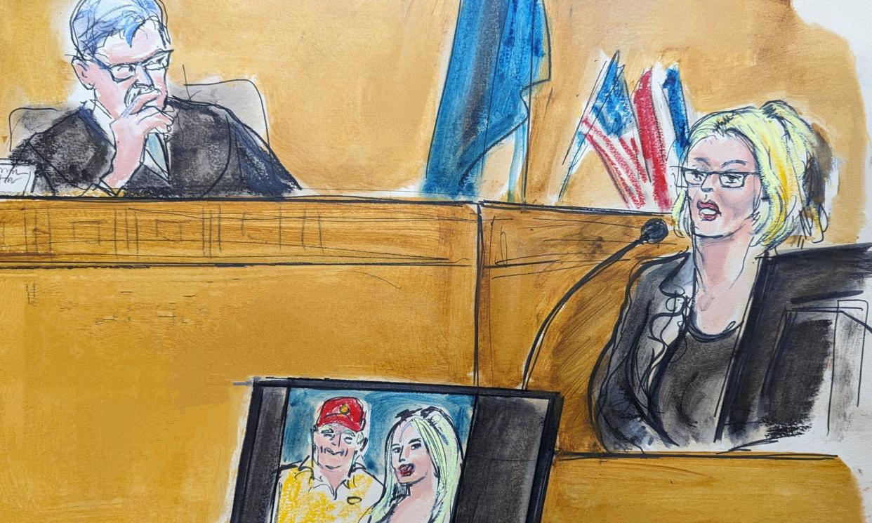 <span>In this courtroom sketch, Stormy Daniels testifies on the witness stand.</span><span>Photograph: Elizabeth Williams/AP</span>