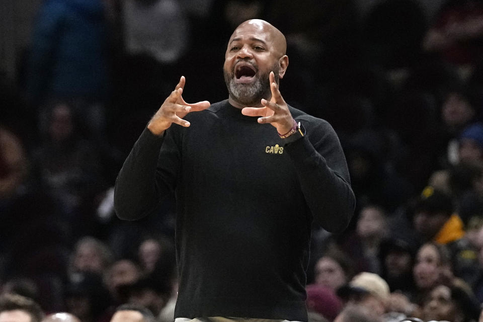 Cleveland Cavaliers head coach J.B. Bickerstaff gestures in the second half of an NBA basketball game against the Brooklyn Nets, Sunday, March 10, 2024, in Cleveland. (AP Photo/Sue Ogrocki)