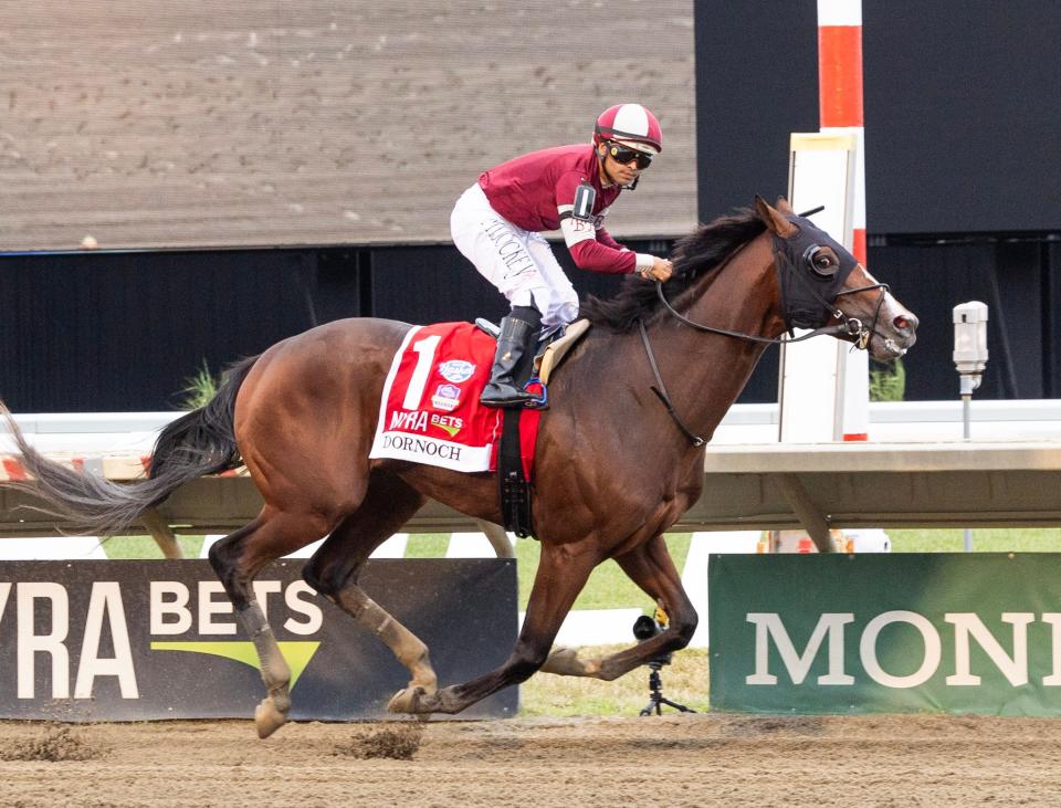 Dornoch crosses the finish line to win the $1 million NYRA Bets Haskell Stakes at Monmouth Park on July 20, 2024.