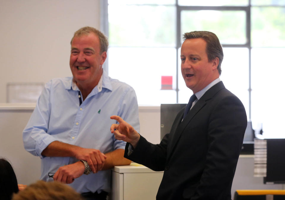 Prime Minister David Cameron meets Jeremy Clarkson during an EU-related visit to W. Chump & Sons Ltd TV studio in west London.