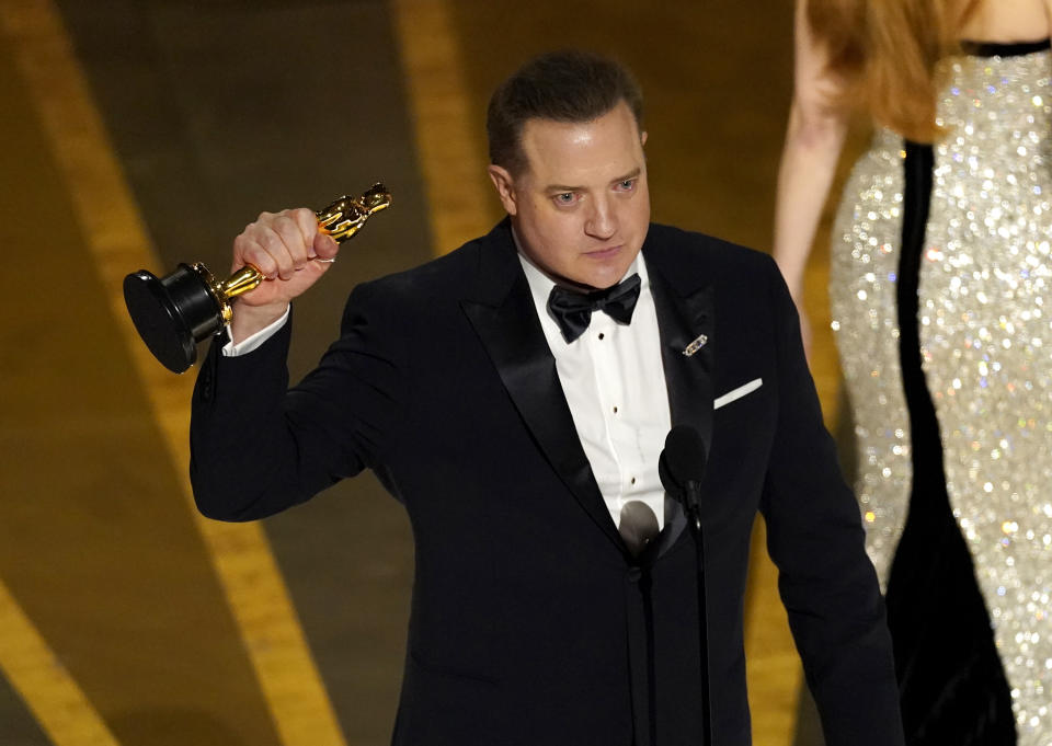 Brendan Fraser accepts the award for best performance by an actor in a leading role for "The Whale" at the Oscars on Sunday, March 12, 2023, at the Dolby Theatre in Los Angeles. (AP Photo/Chris Pizzello)