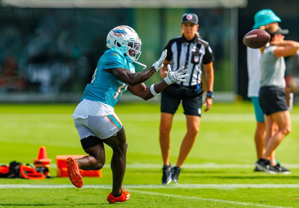 Miami Dolphins wide receiver Tyreek Hill (10) catches a pass during a joint practice with the Atlanta Falcons at Baptist Health Training Complex in Hard Rock Stadium on Wednesday, August 9, 2023 in Miami Gardens, Florida.