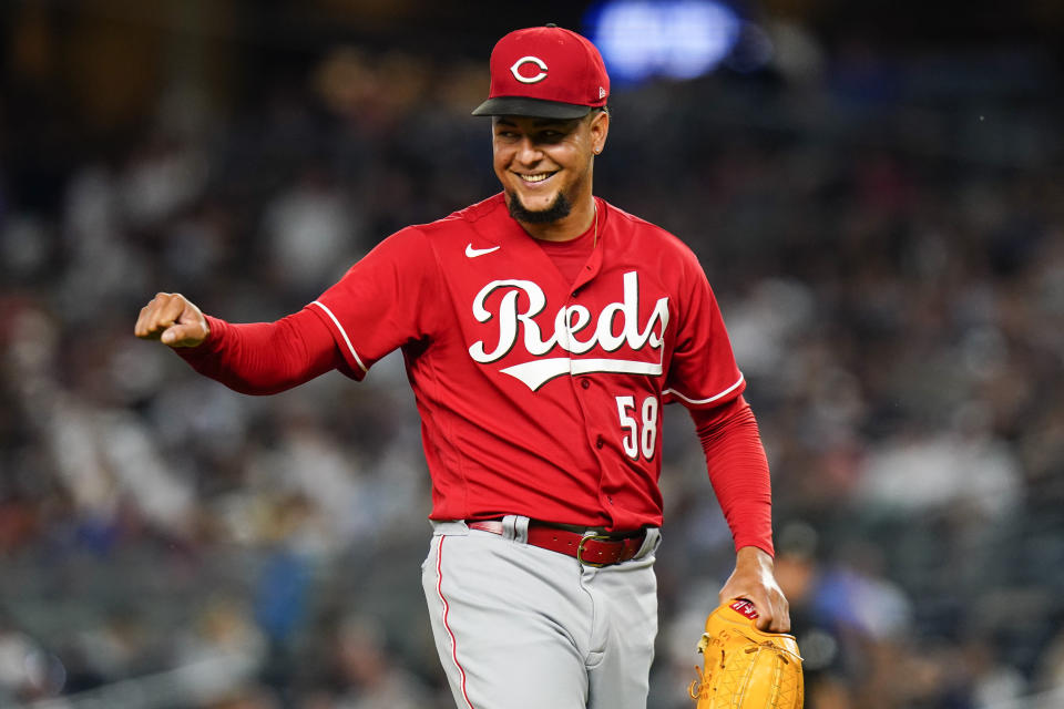 Cincinnati Reds starting pitcher Luis Castillo gestures to a teammate at the end of the sixth inning of the team's baseball game against the New York Yankees on Thursday, July 14, 2022, in New York. (AP Photo/Frank Franklin II)