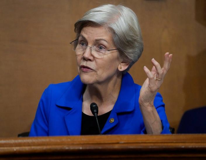 Sen. Elizabeth Warren, D-Mass., questions Treasury Secretary Janet Yellen as she testifies in front of the Senate Committee on Finance on President Biden&#39;s 2024 budget..