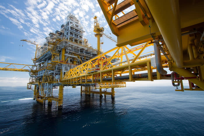 An offshore oil drilling platform that's under construction.