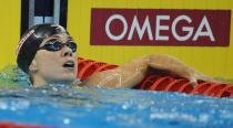 US swimmer Natalie Coughlin looks on after she competed in the final of the women's 100-metre backstroke swimming event in the FINA World Championships at the indoor stadium of the Oriental Sports Center in Shanghai on July 26, 2011. She won bronze. AFP PHOTO / PETER PARKS (Photo credit should read PETER PARKS/AFP/Getty Images)