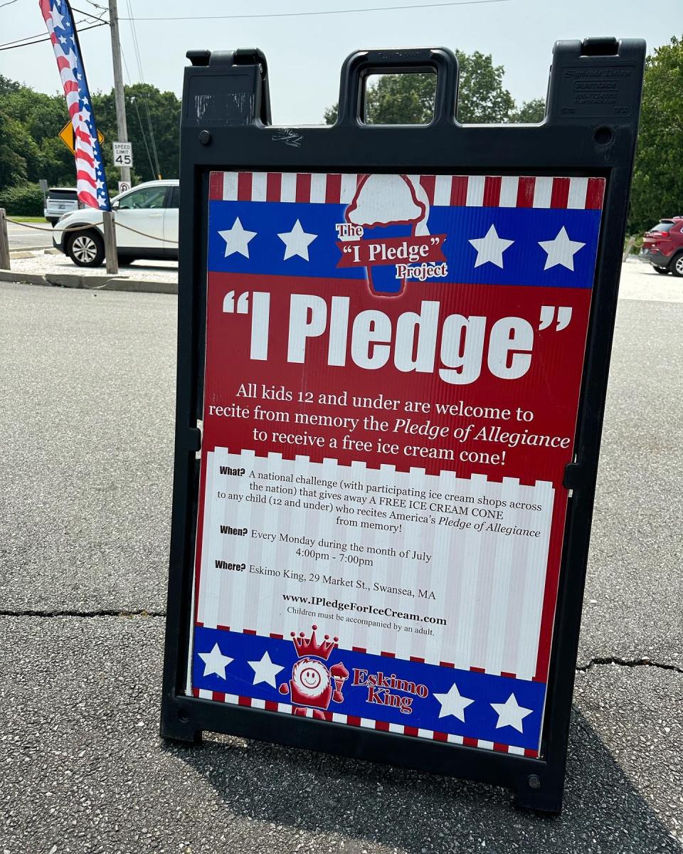 Every Monday in July, kids 12 and under can recite the Pledge of Allegiance by memory and earn a free ice cream cone at Eskimo King in Swansea.