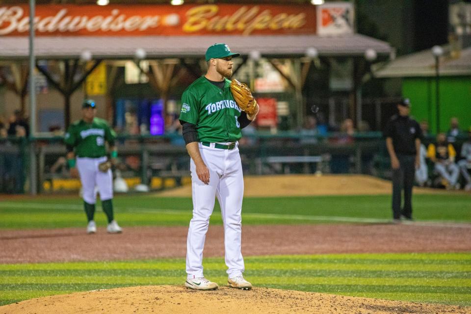 Sam Benschoter stands on the mound for the Cincinnati Reds Single-A affiliate, the Daytona Tortugas, during the 2022 season.