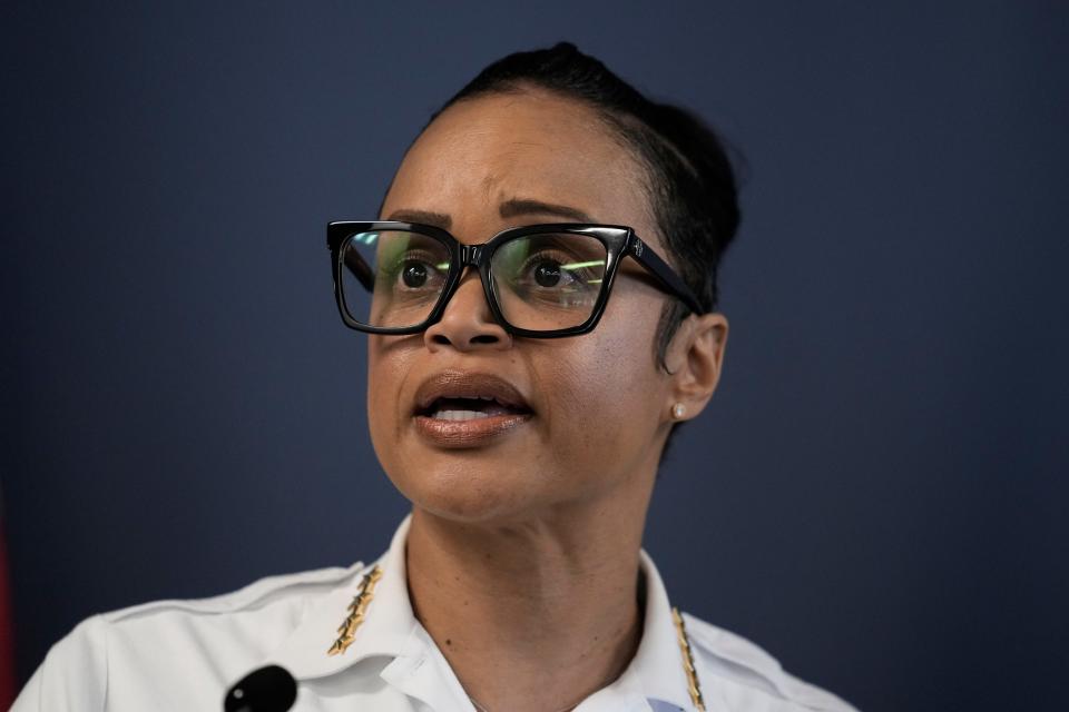 FILE - Philadelphia Police Commissioner Danielle Outlaw speaks with members of the media during a news conference in Philadelphia, Wednesday, Aug. 23, 2023. Outlaw will step down this month to take a leadership position with the Port Authority of New York and New Jersey, the mayor said Tuesday, Sept. 5.