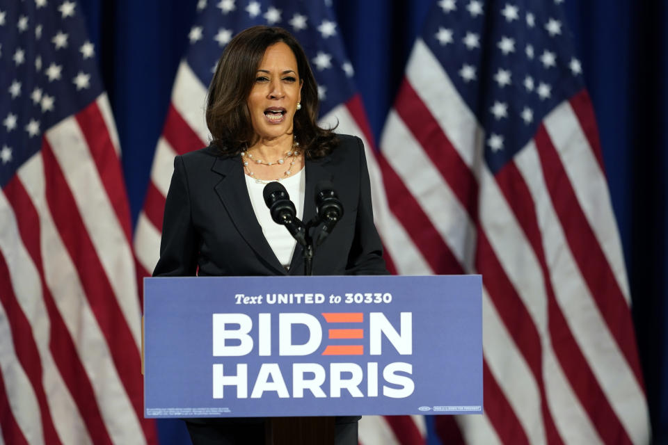 Democratic vice presidential candidate Sen. Kamala Harris, D-Calif., speaks in Washington, Thursday, Aug. 27, 2020. (AP Photo/Carolyn Kaster)