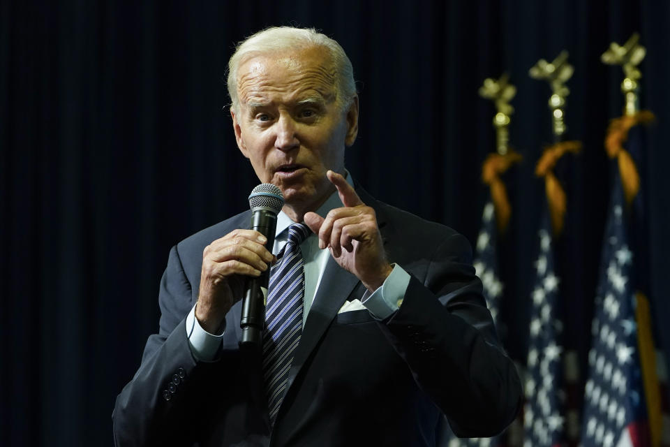 President Joe Biden speaks at a Democratic National Committee event at the Gaylord National Resort and Convention Center in Oxon Hill, Md., Thursday, Sept. 8, 2022. (AP Photo/Susan Walsh)